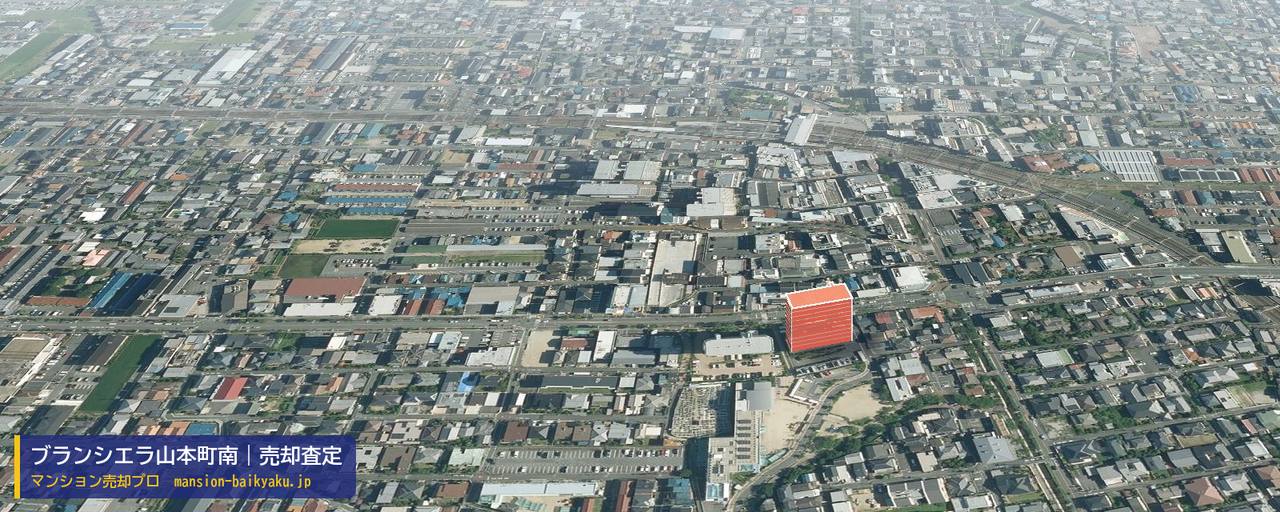 ブランシエラ山本町南の売却査定・買取価格｜八尾市山本町南（マンション売却プロ作成の建物を立体で示した航空写真）