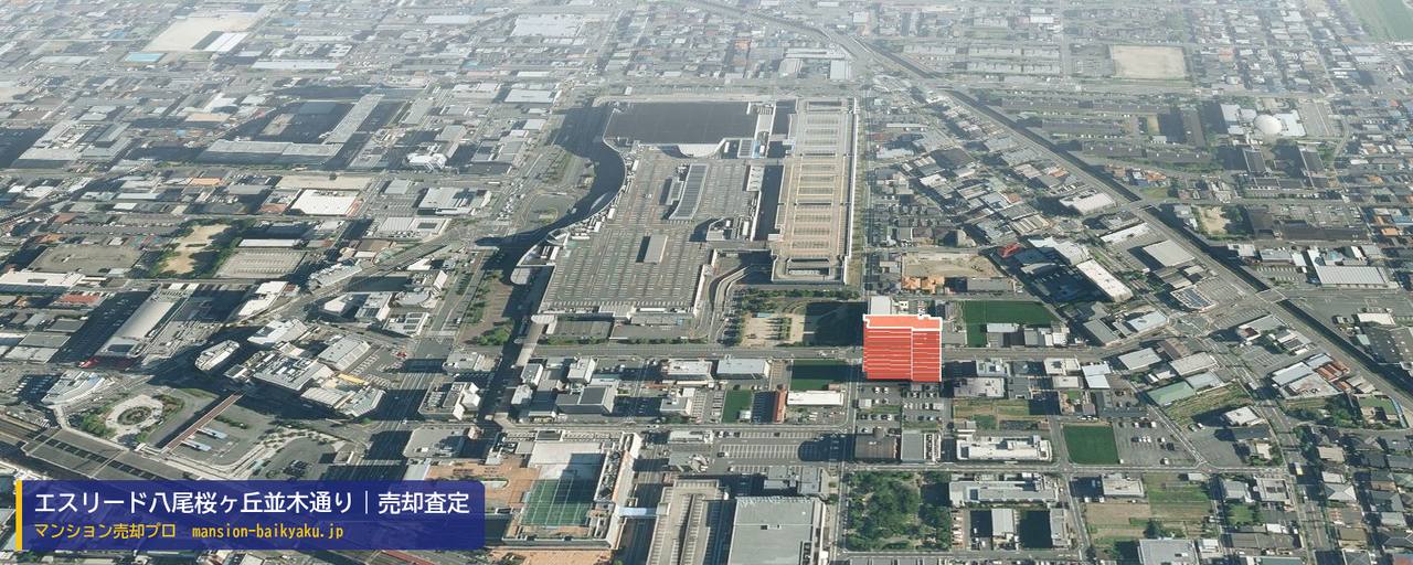 エスリード八尾桜ヶ丘並木通りの売却査定・買取価格｜八尾市桜ヶ丘（マンション売却プロ作成の建物を立体で示した航空写真）