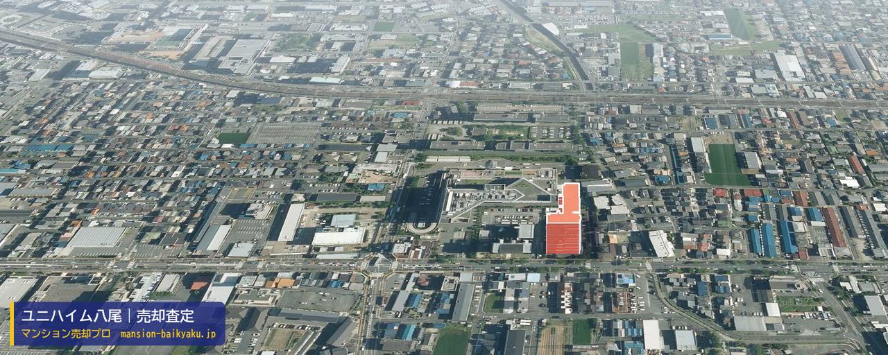 ユニハイム八尾の売却査定・買取価格｜八尾市若草町（マンション売却プロ作成の建物を立体で示した航空写真）