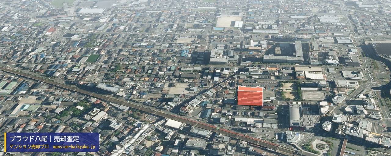 プラウド八尾の売却査定・買取価格｜八尾市北本町（マンション売却プロ作成の建物を立体で示した航空写真）
