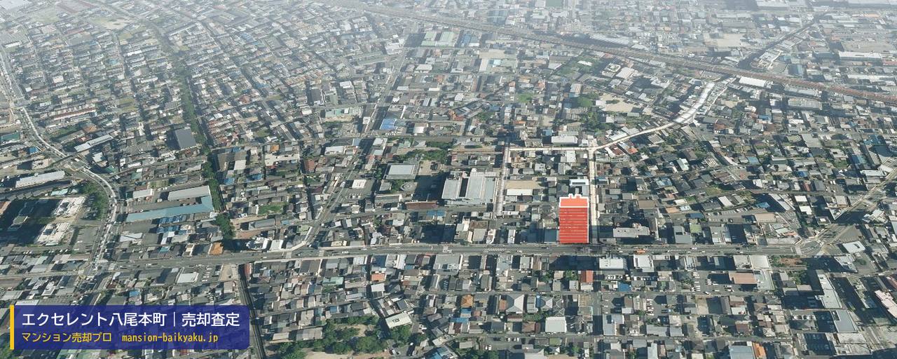 エクセレント八尾本町の売却査定・買取価格｜八尾市本町（マンション売却プロ作成の建物を立体で示した航空写真）