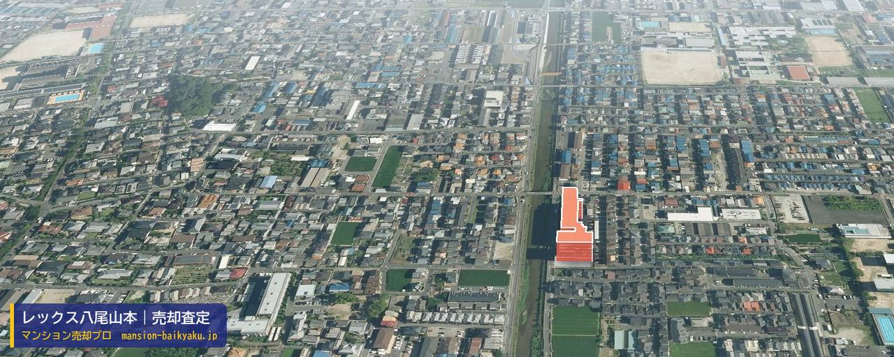 レックス八尾山本の売却査定・買取価格｜八尾市東山本町（マンション売却プロ作成の建物を立体で示した航空写真）