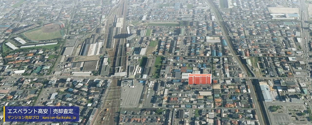 エスペラント高安の売却査定・買取価格｜八尾市高安町南（マンション売却プロ作成の建物を立体で示した航空写真）