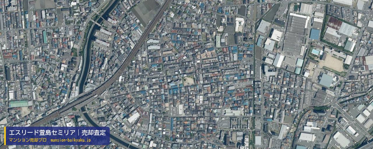 エスリード萱島セミリアの売却査定・買取価格｜寝屋川市萱島東（マンション売却プロ作成の航空写真（町の中心））