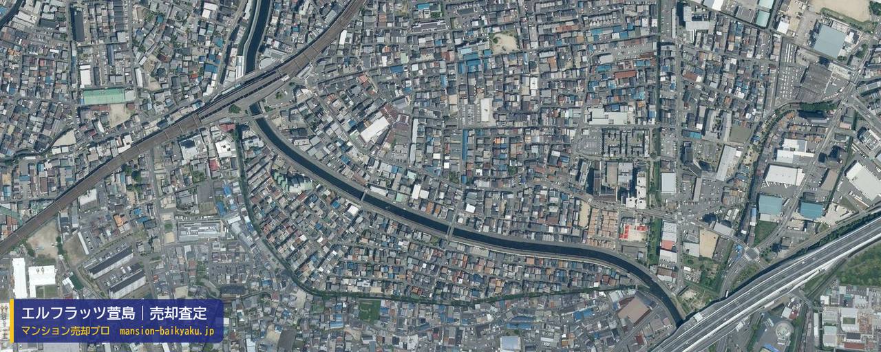 エルフラッツ萱島の売却査定・買取価格｜寝屋川市萱島南町（マンション売却プロ作成の航空写真（町の中心））
