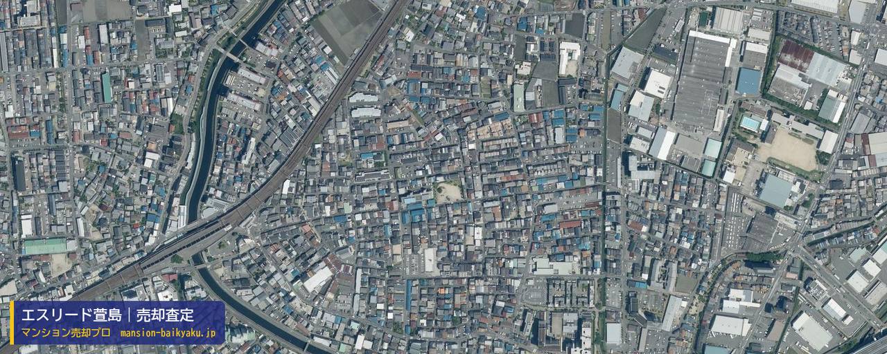エスリード萱島の売却査定・買取価格｜寝屋川市萱島東（マンション売却プロ作成の航空写真（町の中心））