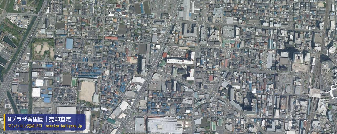 Mプラザ香里園の売却査定・買取価格｜寝屋川市松屋町（マンション売却プロ作成の航空写真（町の中心））
