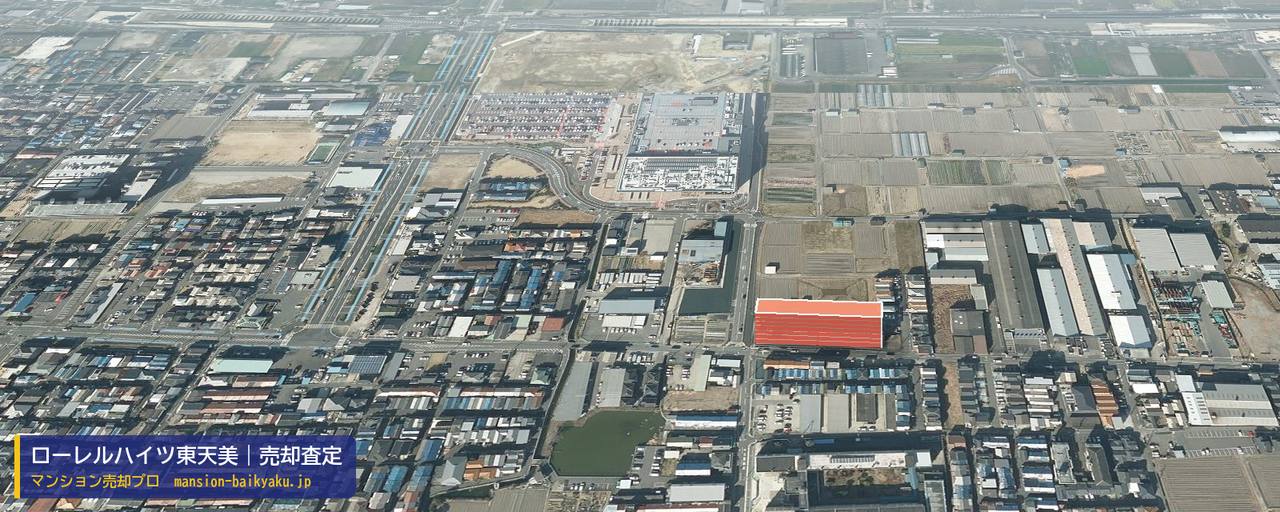 ローレルハイツ東天美の売却査定・買取価格｜松原市三宅西（マンション売却プロ作成の建物を立体で示した航空写真）