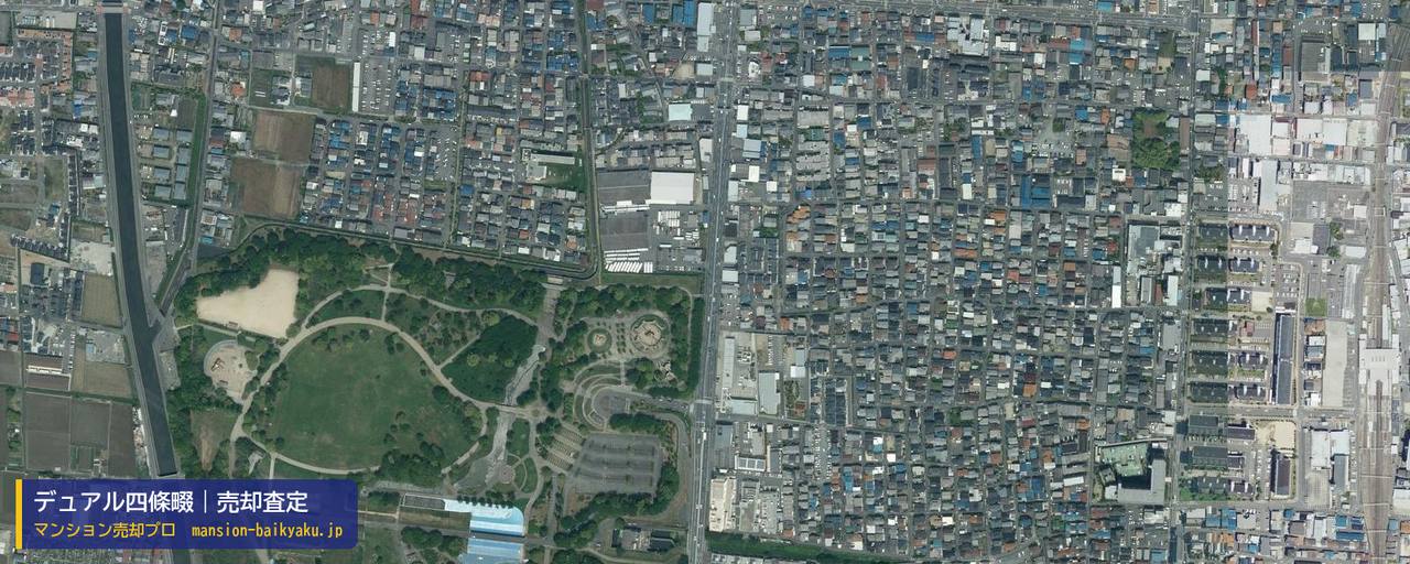デュアル四條畷の売却査定・買取価格｜大東市北楠の里町（マンション売却プロ作成の航空写真（町の中心））