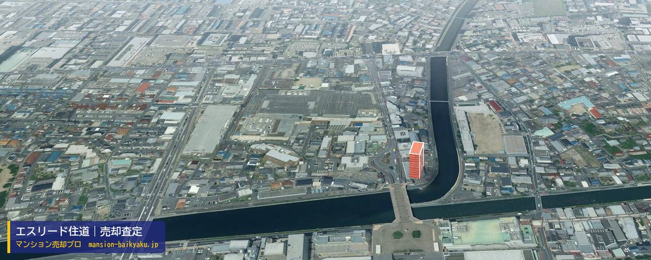 エスリード住道の売却査定・買取価格｜大東市大野（マンション売却プロ作成の建物を立体で示した航空写真）