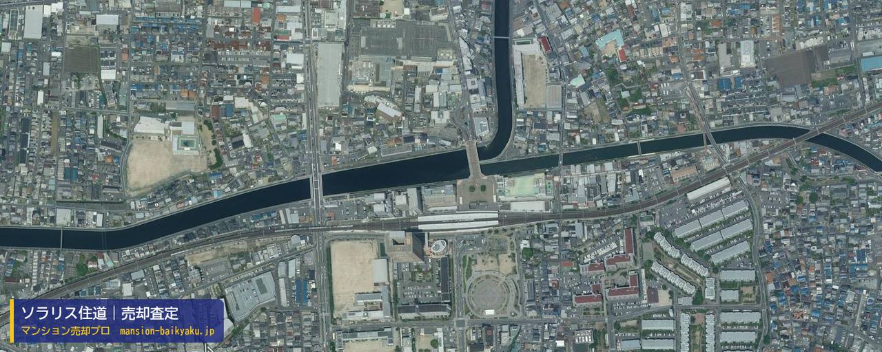 ソラリス住道の売却査定・買取価格｜大東市住道（マンション売却プロ作成の航空写真（町の中心））