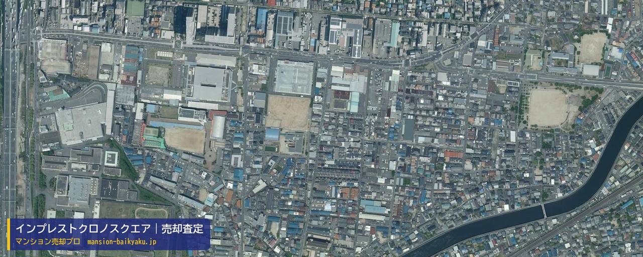 インプレストクロノスクエアの売却査定・買取価格｜大東市諸福（マンション売却プロ作成の航空写真（町の中心））