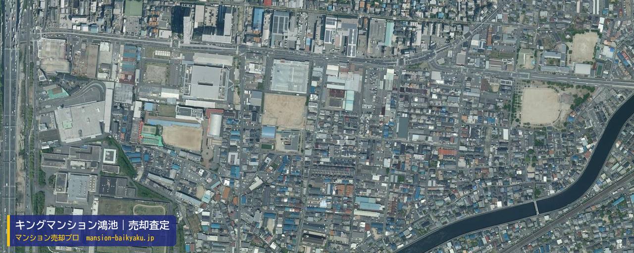 キングマンション鴻池の売却査定・買取価格｜大東市諸福（マンション売却プロ作成の航空写真（町の中心））