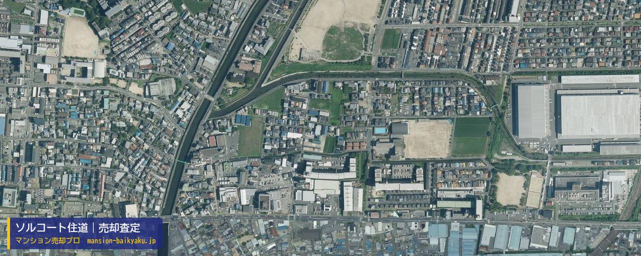 ソルコート住道の売却査定・買取価格｜大東市谷川（マンション売却プロ作成の航空写真（町の中心））