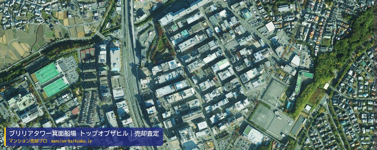 ブリリアタワー箕面船場 トップオブザヒルの売却査定・買取価格｜箕面市船場東（マンション売却プロ作成の航空写真（町の中心））