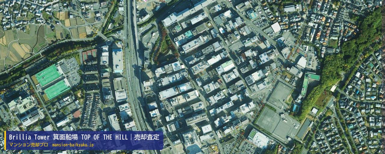 Brillia Tower 箕面船場 TOP OF THE HILLの売却査定・買取価格｜箕面市船場東（マンション売却プロ作成の航空写真（町の中心））