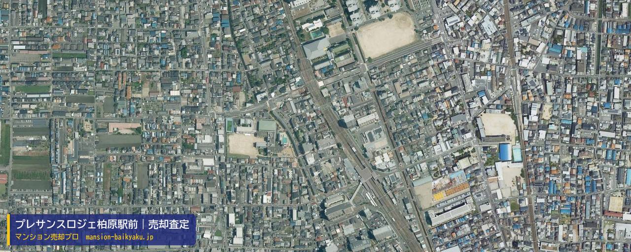 プレサンスロジェ柏原駅前の売却査定・買取価格｜柏原市清州（マンション売却プロ作成の航空写真（町の中心））