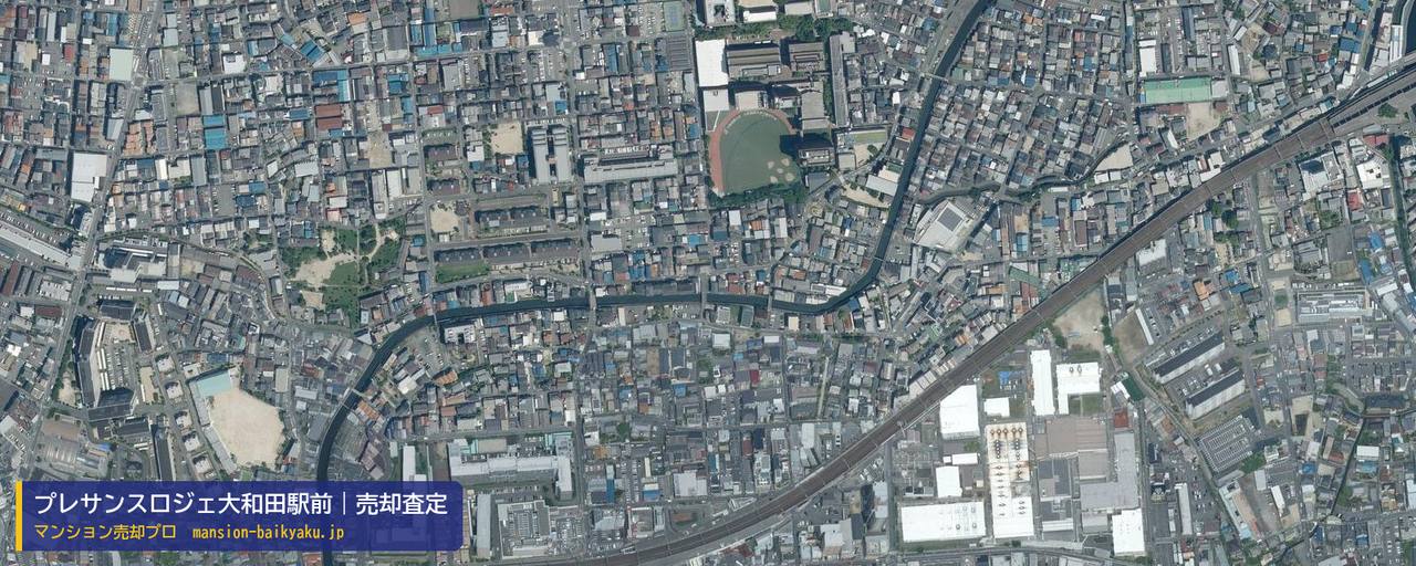 プレサンスロジェ大和田駅前の売却査定・買取価格｜門真市宮野町（マンション売却プロ作成の航空写真（町の中心））