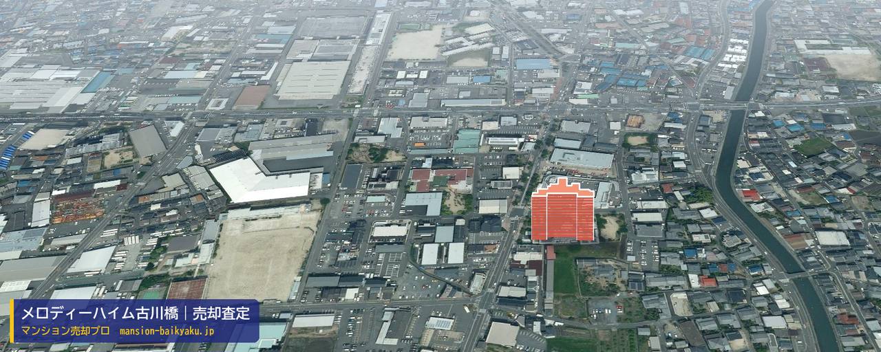 メロディーハイム古川橋の売却査定・買取価格｜門真市一番町（マンション売却プロ作成の建物を立体で示した航空写真）