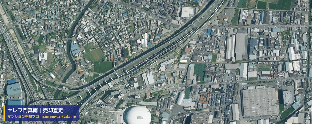 セレフ門真南の売却査定・買取価格｜門真市三ツ島（マンション売却プロ作成の航空写真（町の中心））