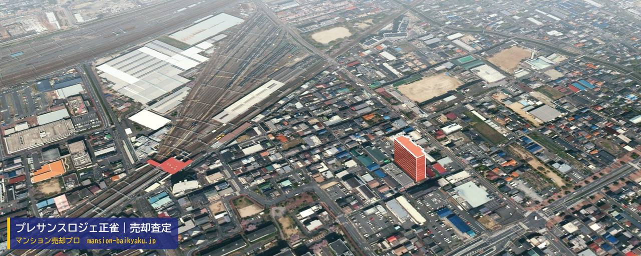 プレサンスロジェ正雀の売却査定・買取価格｜摂津市正雀本町（マンション売却プロ作成の建物を立体で示した航空写真）