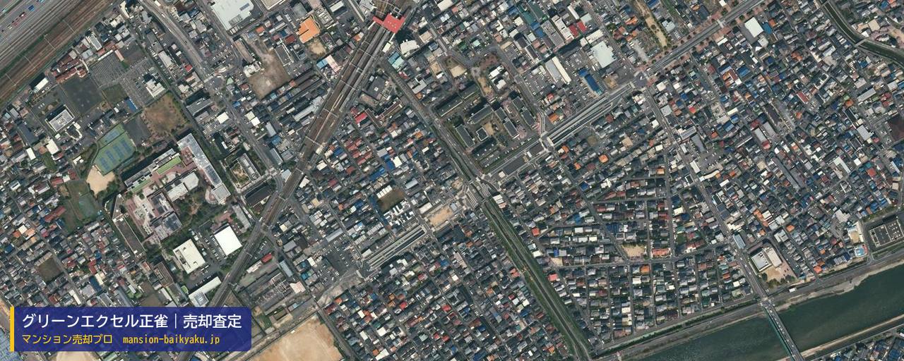 グリーンエクセル正雀の売却査定・買取価格｜摂津市正雀本町（マンション売却プロ作成の航空写真（町の中心））
