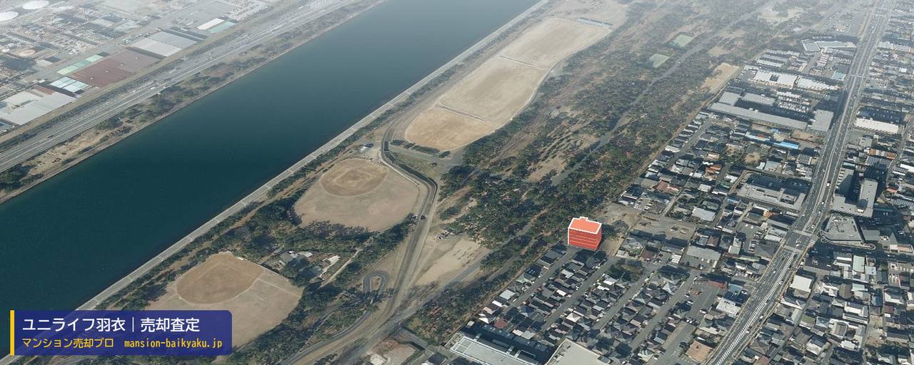 ユニライフ羽衣の売却査定・買取価格｜高石市羽衣（マンション売却プロ作成の建物を立体で示した航空写真）