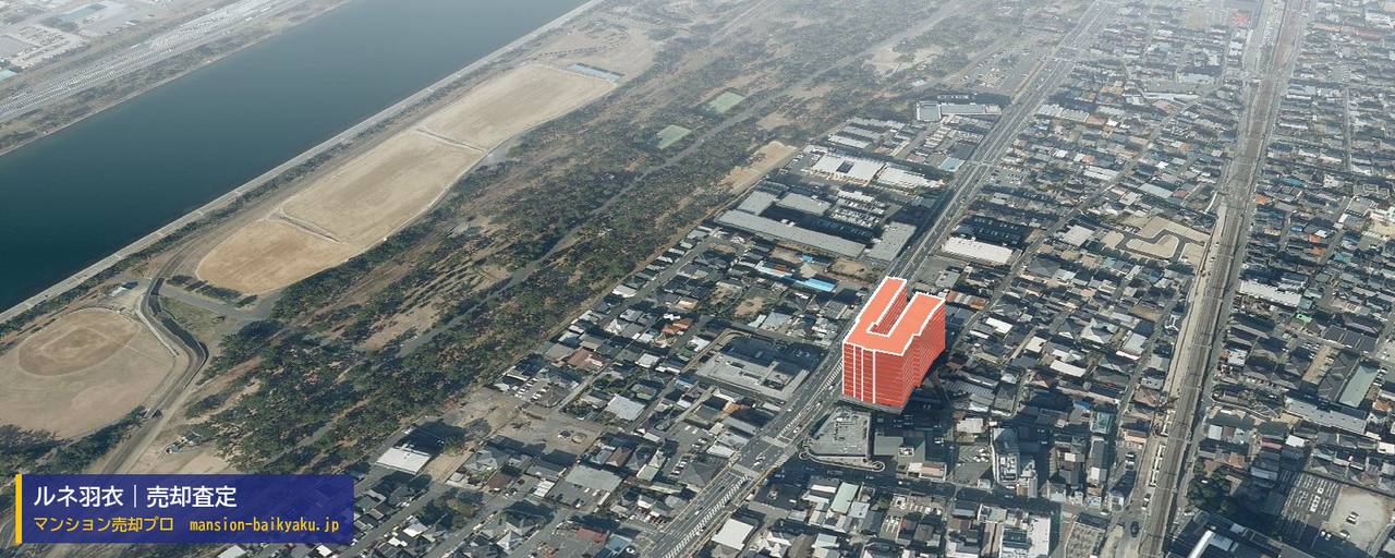 ルネ羽衣の売却査定・買取価格｜高石市羽衣（マンション売却プロ作成の建物を立体で示した航空写真）