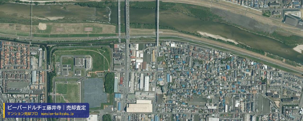 ビーバードルチェ藤井寺の売却査定・買取価格｜藤井寺市大井（マンション売却プロ作成の航空写真（町の中心））