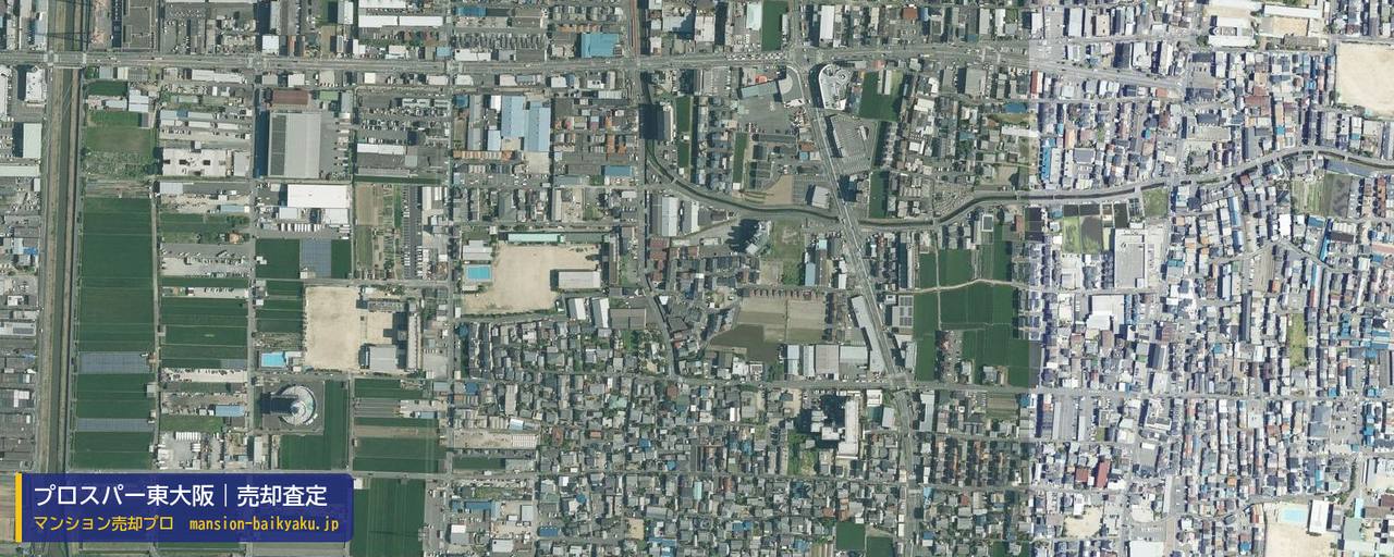 プロスパー東大阪の売却査定・買取価格｜東大阪市下六万寺町（マンション売却プロ作成の航空写真（町の中心））