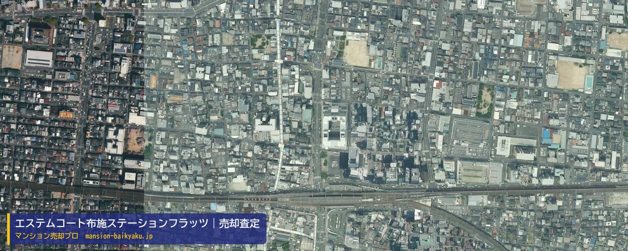 エステムコート布施ステーションフラッツの売却査定・買取価格｜東大阪市長堂（マンション売却プロ作成の航空写真（町の中心））