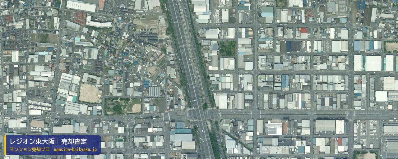 レジオン東大阪の売却査定・買取価格｜東大阪市本庄西（マンション売却プロ作成の航空写真（町の中心））