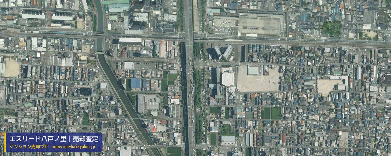 エスリード八戸ノ里の売却査定・買取価格｜東大阪市瓜生堂（マンション売却プロ作成の航空写真（町の中心））