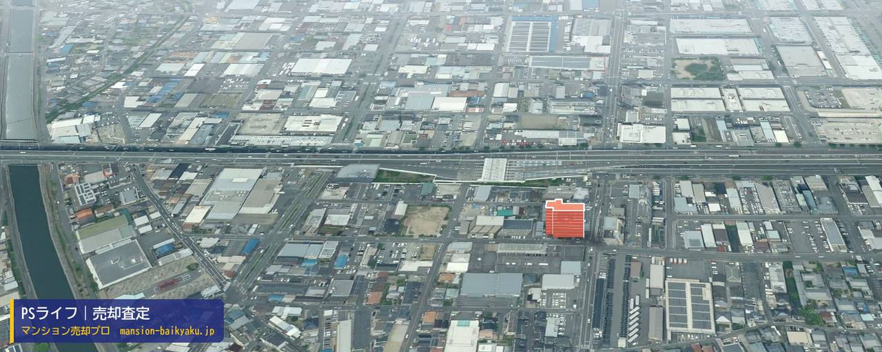 PSライフの売却査定・買取価格｜東大阪市長田西（マンション売却プロ作成の建物を立体で示した航空写真）