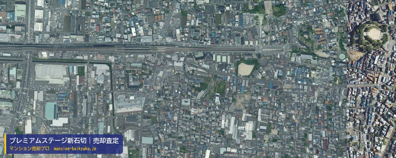 プレミアムステージ新石切の売却査定・買取価格｜東大阪市東山町（マンション売却プロ作成の航空写真（町の中心））