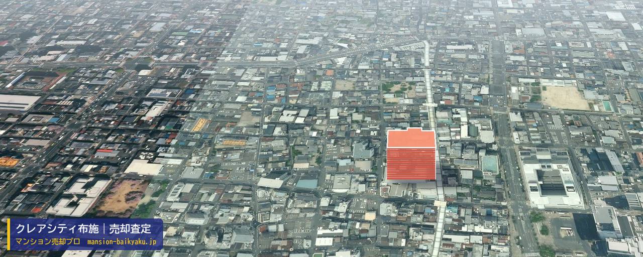 クレアシティ布施の売却査定・買取価格｜東大阪市足代北（マンション売却プロ作成の建物を立体で示した航空写真）
