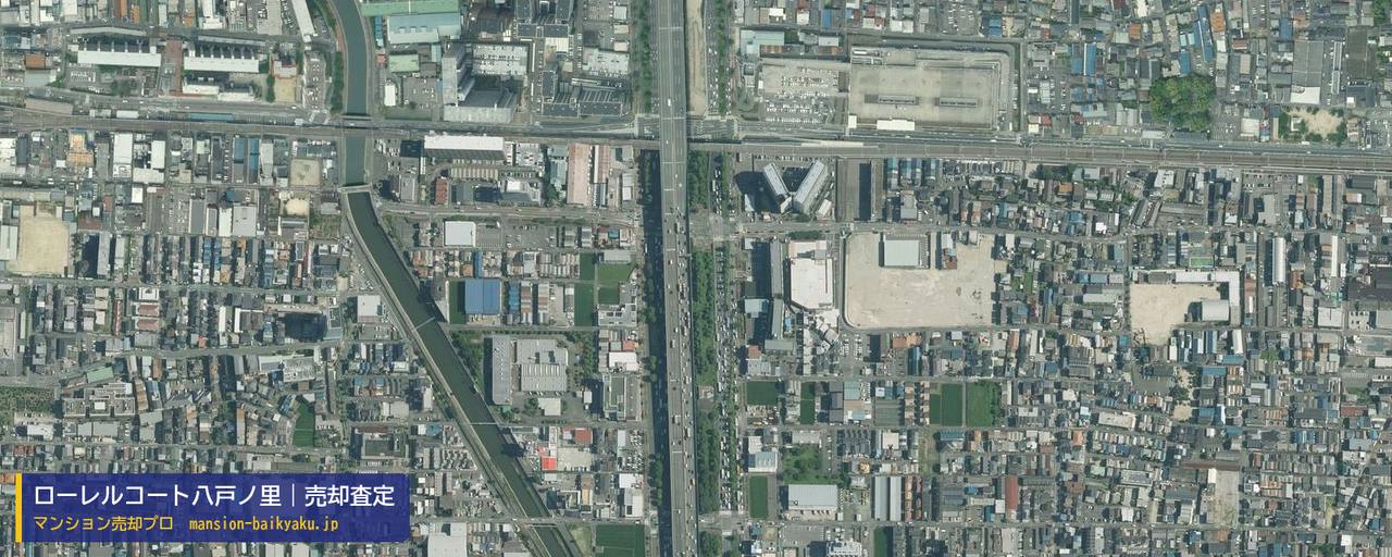 ローレルコート八戸ノ里の売却査定・買取価格｜東大阪市瓜生堂（マンション売却プロ作成の航空写真（町の中心））