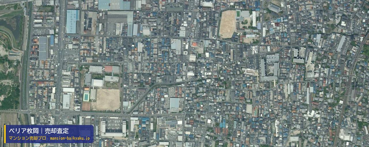 ベリア枚岡の売却査定・買取価格｜東大阪市鳥居町（マンション売却プロ作成の航空写真（町の中心））