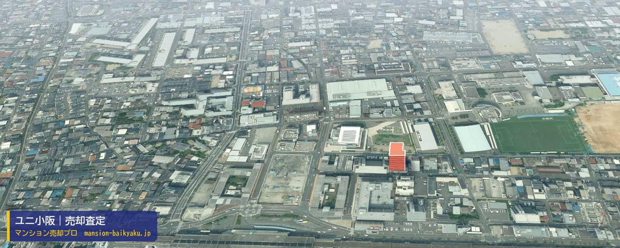 ユニ小阪の売却査定・買取価格｜東大阪市小阪（マンション売却プロ作成の建物を立体で示した航空写真）