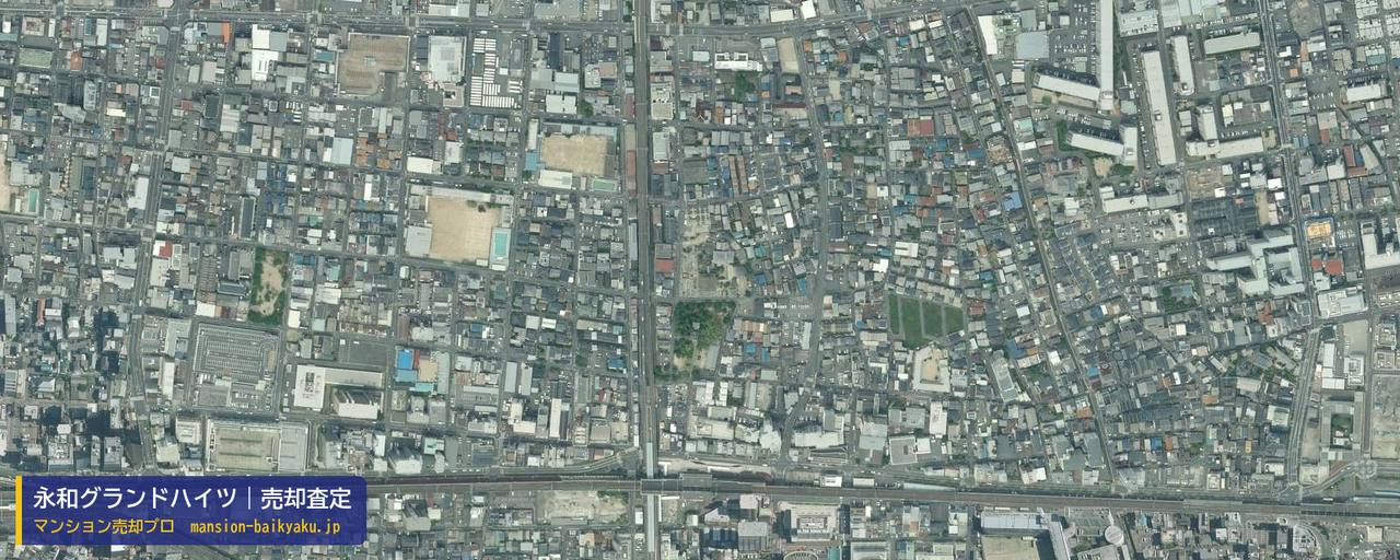 永和グランドハイツの売却査定・買取価格｜東大阪市高井田元町（マンション売却プロ作成の航空写真（町の中心））