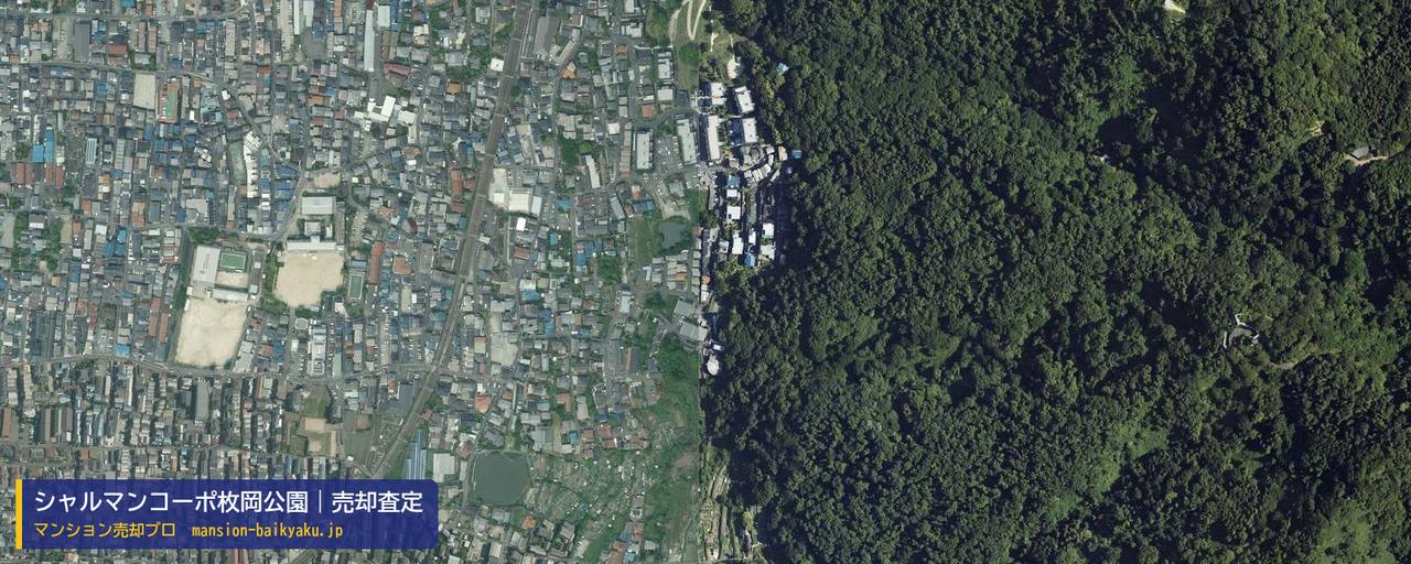 シャルマンコーポ枚岡公園の売却査定・買取価格｜東大阪市五条町（マンション売却プロ作成の航空写真（町の中心））