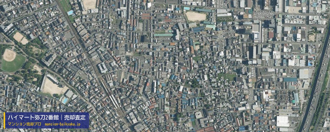 ハイマート弥刀2番館の売却査定・買取価格｜東大阪市友井（マンション売却プロ作成の航空写真（町の中心））