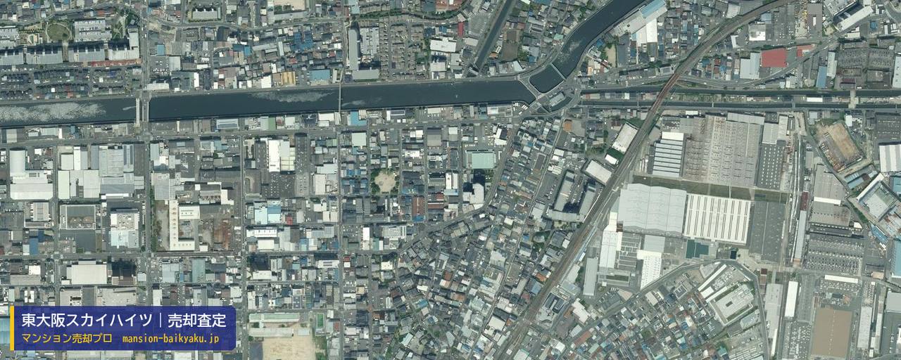 東大阪スカイハイツの売却査定・買取価格｜東大阪市徳庵本町（マンション売却プロ作成の航空写真（町の中心））