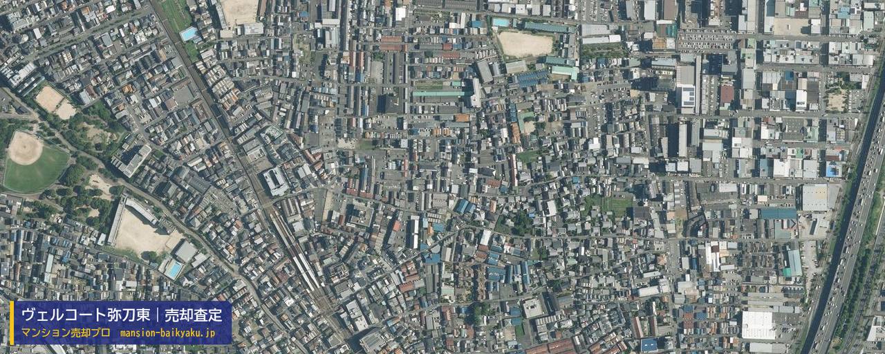 ヴェルコート弥刀東の売却査定・買取価格｜東大阪市友井（マンション売却プロ作成の航空写真（町の中心））