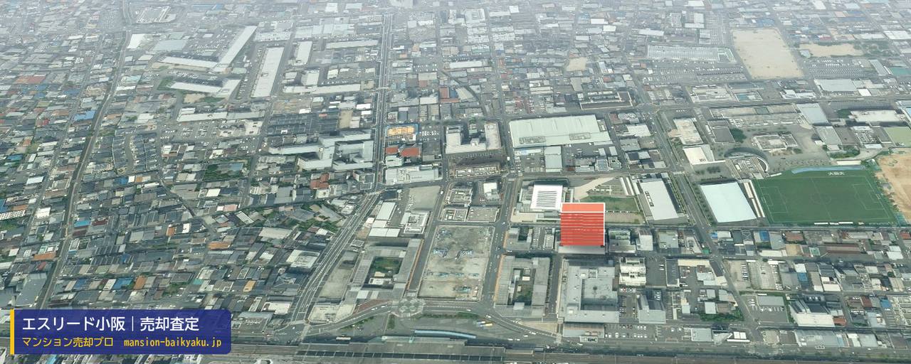 エスリード小阪の売却査定・買取価格｜東大阪市下小阪（マンション売却プロ作成の建物を立体で示した航空写真）