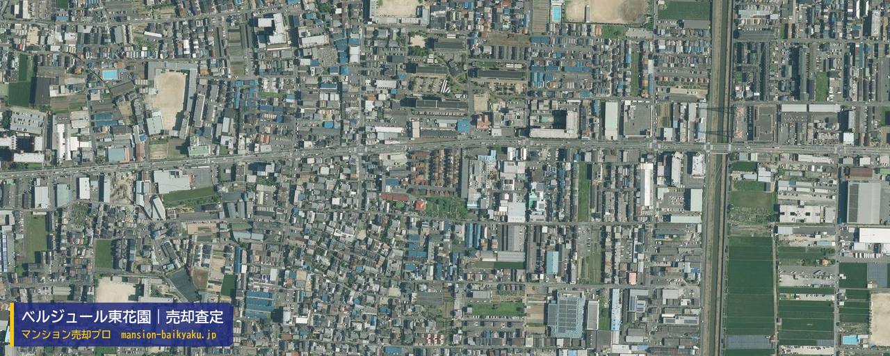 ベルジュール東花園の売却査定・買取価格｜東大阪市玉串町東（マンション売却プロ作成の航空写真（町の中心））