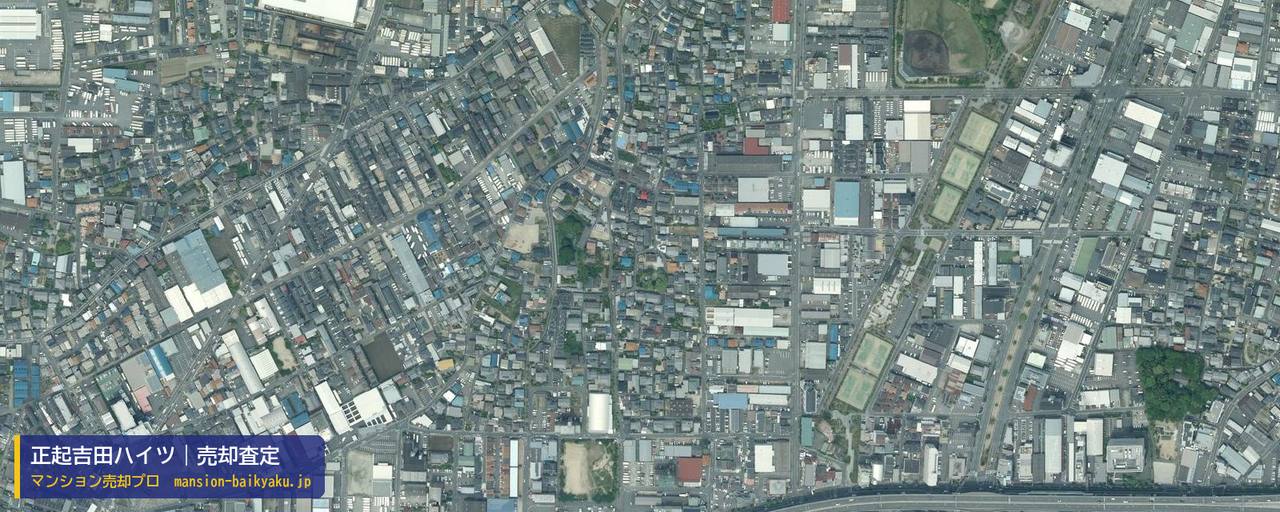 正起吉田ハイツの売却査定・買取価格｜東大阪市中新開（マンション売却プロ作成の航空写真（町の中心））