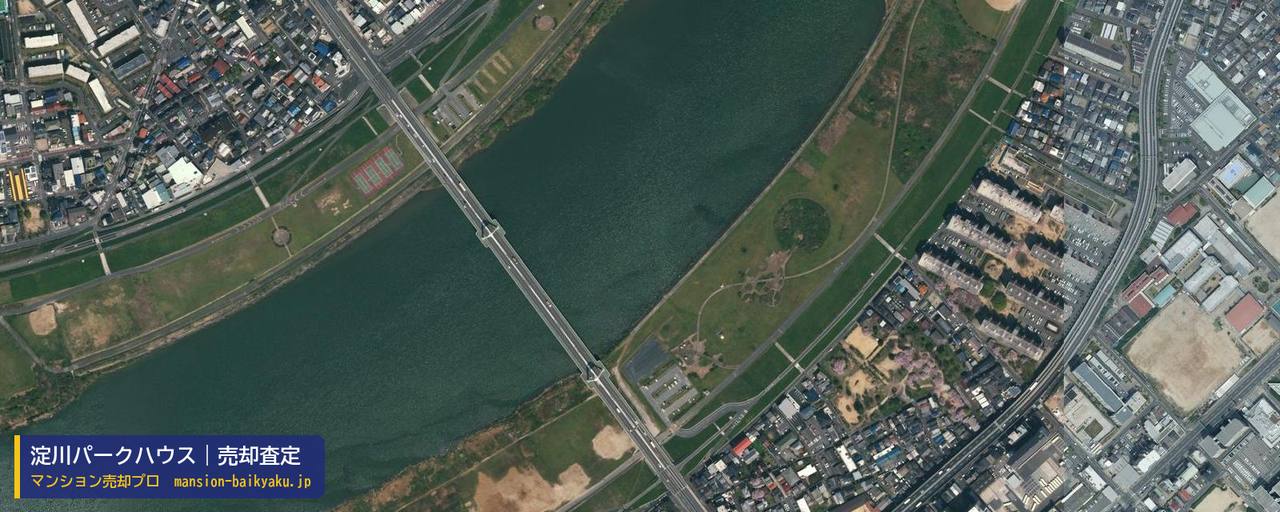 淀川パークハウスの売却査定・買取価格｜大阪市旭区太子橋（マンション売却プロ作成の航空写真（町の中心））