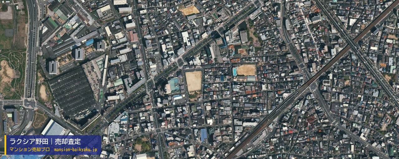 ラクシア野田の売却査定・買取価格｜大阪市福島区吉野（マンション売却プロ作成の航空写真（町の中心））