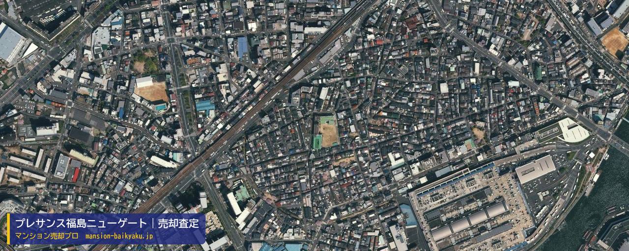 プレサンス福島ニューゲートの売却査定・買取価格｜大阪市福島区野田（マンション売却プロ作成の航空写真（町の中心））